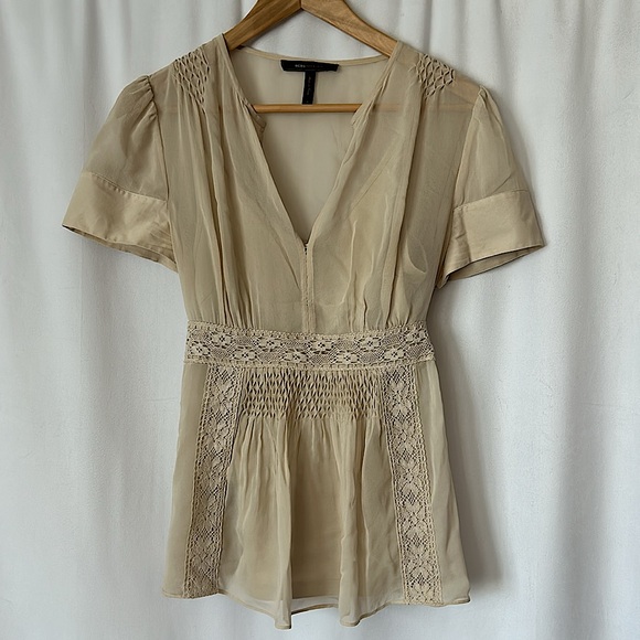 BCBGMaxAzria Tops - BCBGMaxAzria Boho Silk Cream Crochet Front Short Sleeve Blouse Shirt Top *Sz M*